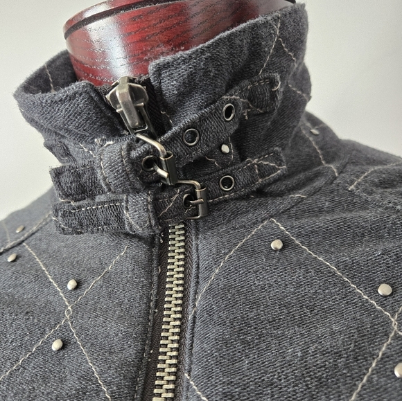 FREE PEOPLE Grey Quilted Studded Moto Sweater Jacket With Neck Buckles. Small - Picture 4 of 16